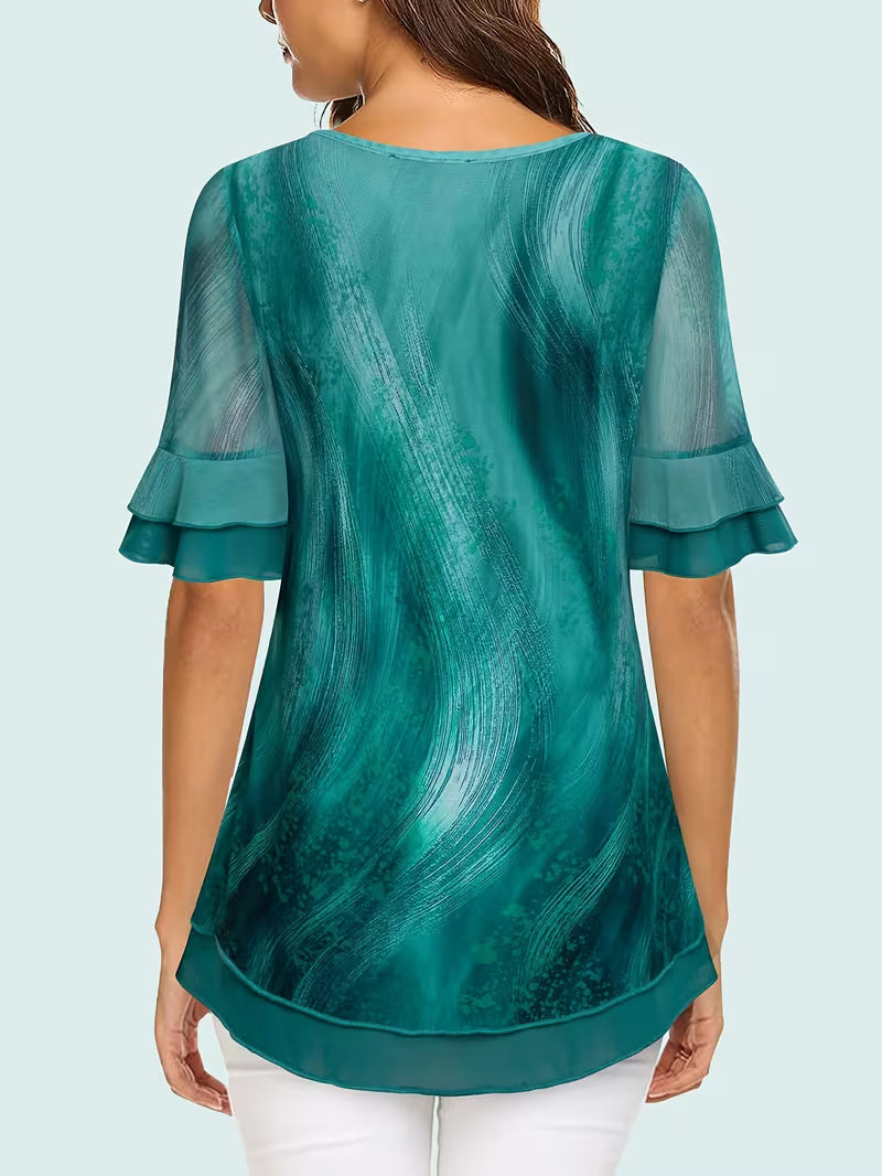 Elegant Floral Print V-Neck Blouse with Ruffle Sleeves