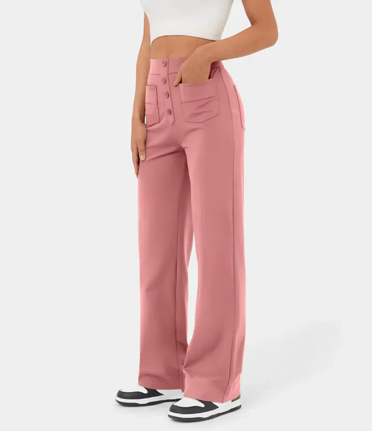 High Waisted Button Multiple Pockets Straight Leg Casual Pants