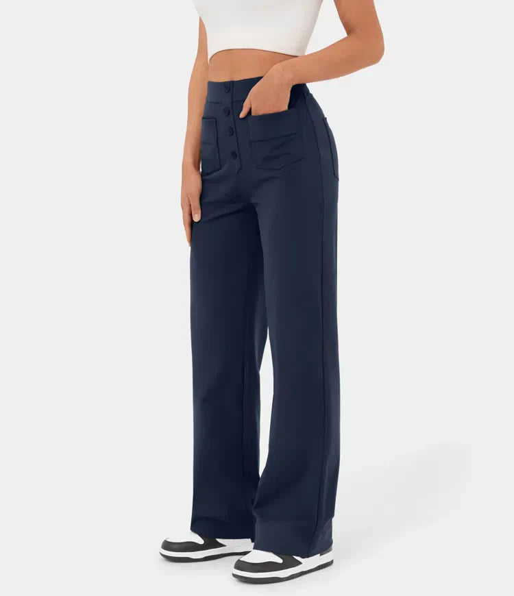 High Waisted Button Multiple Pockets Straight Leg Casual Pants