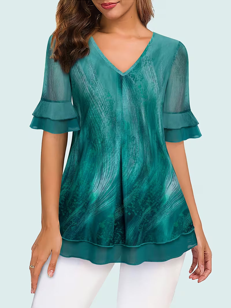 Elegant Floral Print V-Neck Blouse with Ruffle Sleeves