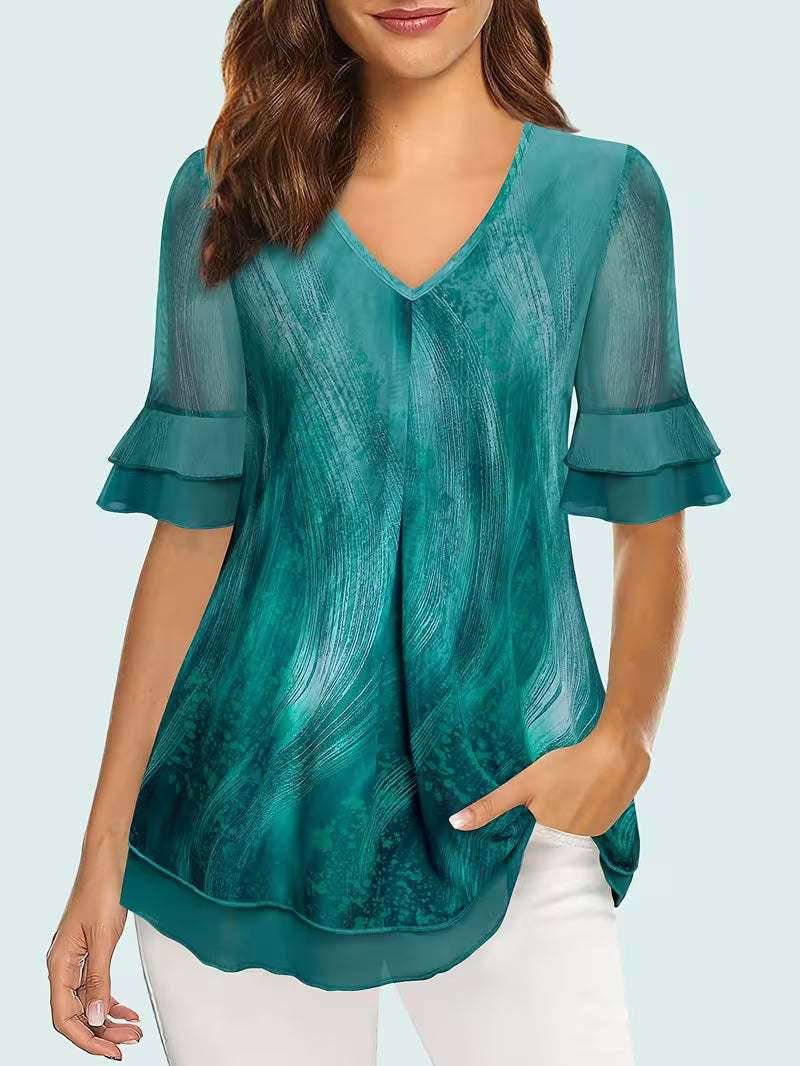 Elegant Floral Print V-Neck Blouse with Ruffle Sleeves