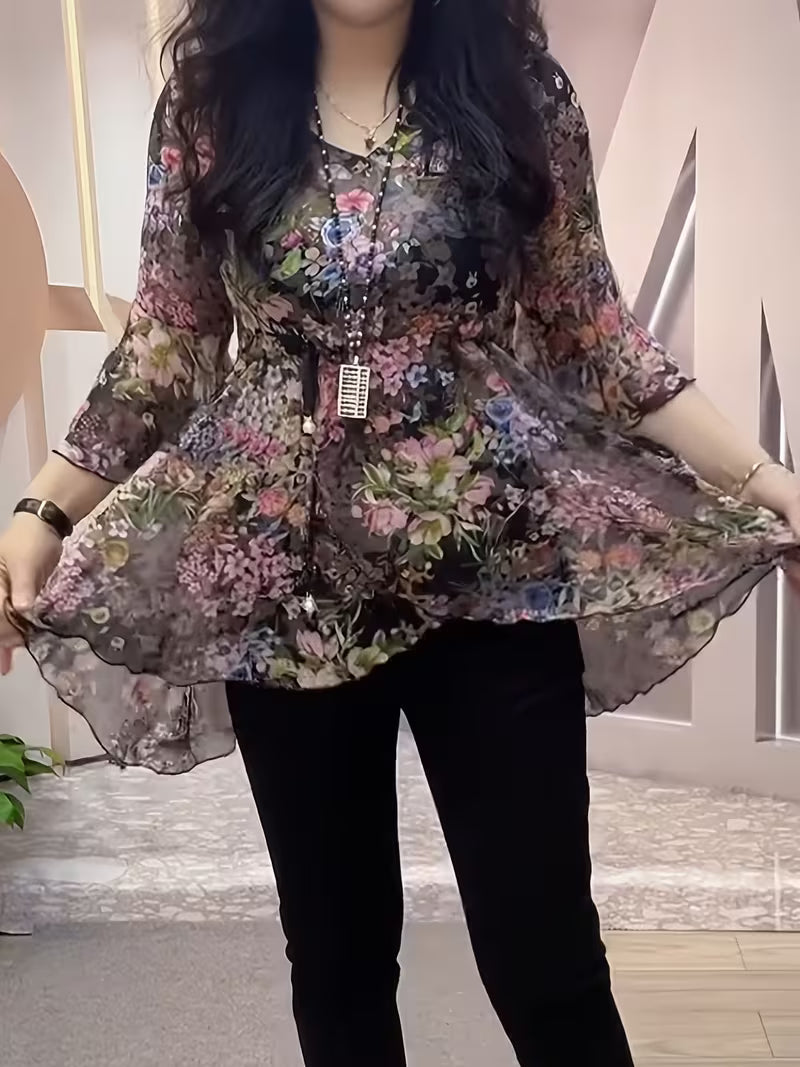 New Floral Drawstring Waist Irregular Chiffon Top