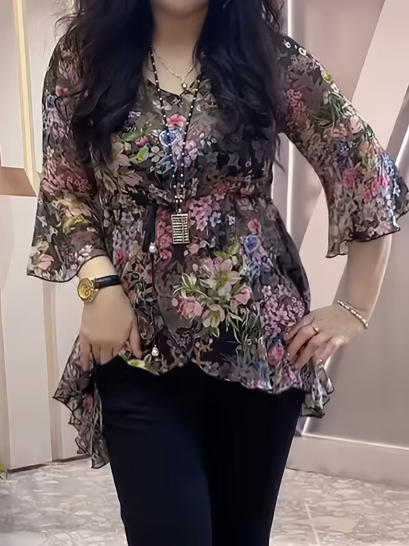 New Floral Drawstring Waist Irregular Chiffon Top