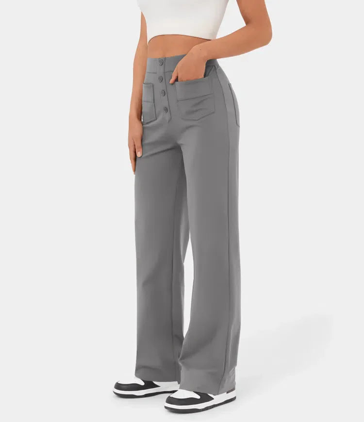High Waisted Button Multiple Pockets Straight Leg Casual Pants