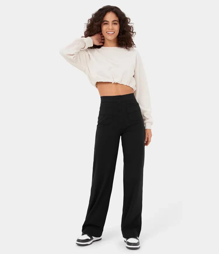 High Waisted Button Multiple Pockets Straight Leg Casual Pants