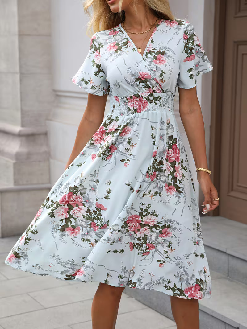 Summer Floral Print Pleated High-Waist Dress