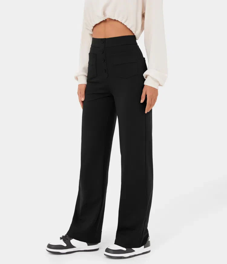 High Waisted Button Multiple Pockets Straight Leg Casual Pants