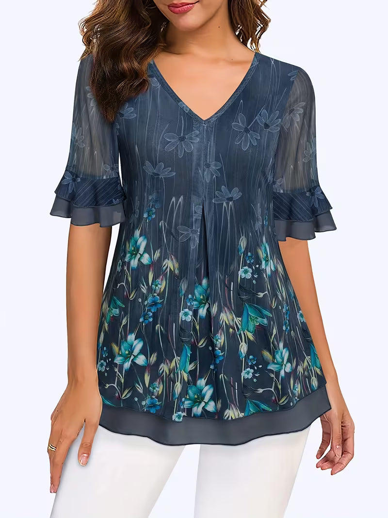 Casual Floral Women's Short Sleeve Tunic Tops