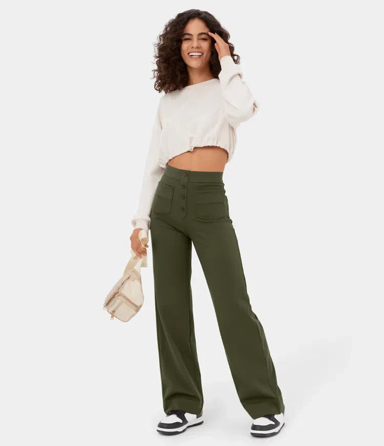 High Waisted Button Multiple Pockets Straight Leg Casual Pants