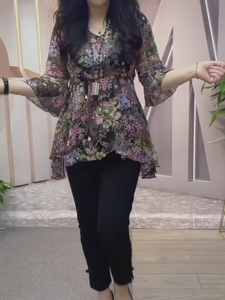 New Floral Drawstring Waist Irregular Chiffon Top